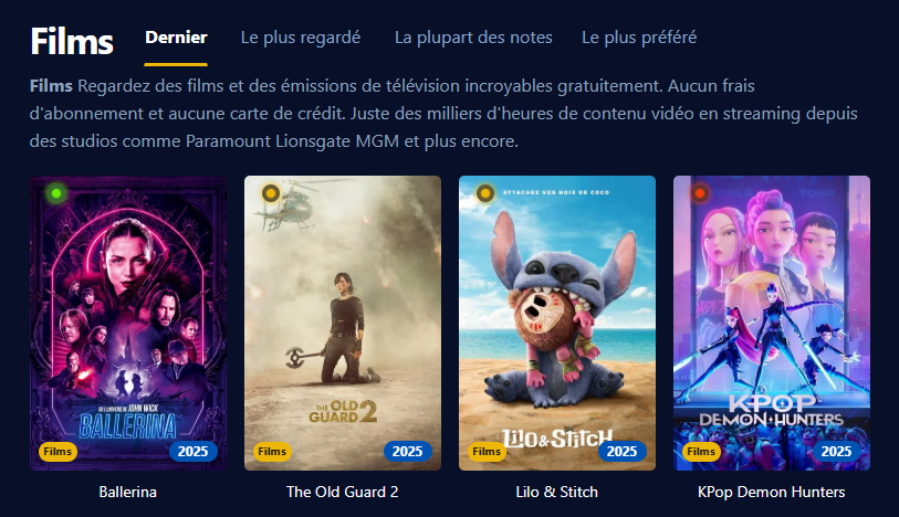 Capture d'&eacute;cran de l'interface utilisateur de Filmoflix
